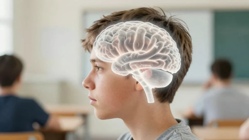 Cerebro humano adolescente translúcido superpuesto a la silueta de un joven pensativo en clase.