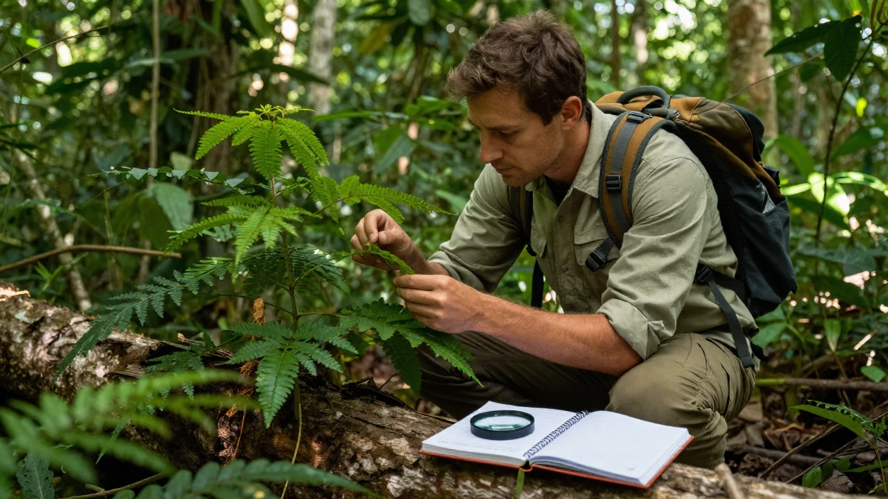 Biólogo investiga una planta no nativa en la densa selva amazónica.
