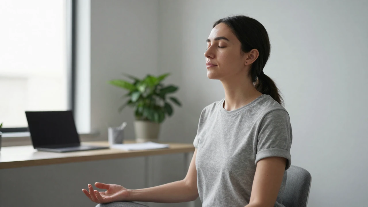 Mujer en oficina moderna practicando respiración profunda con expresión serena.