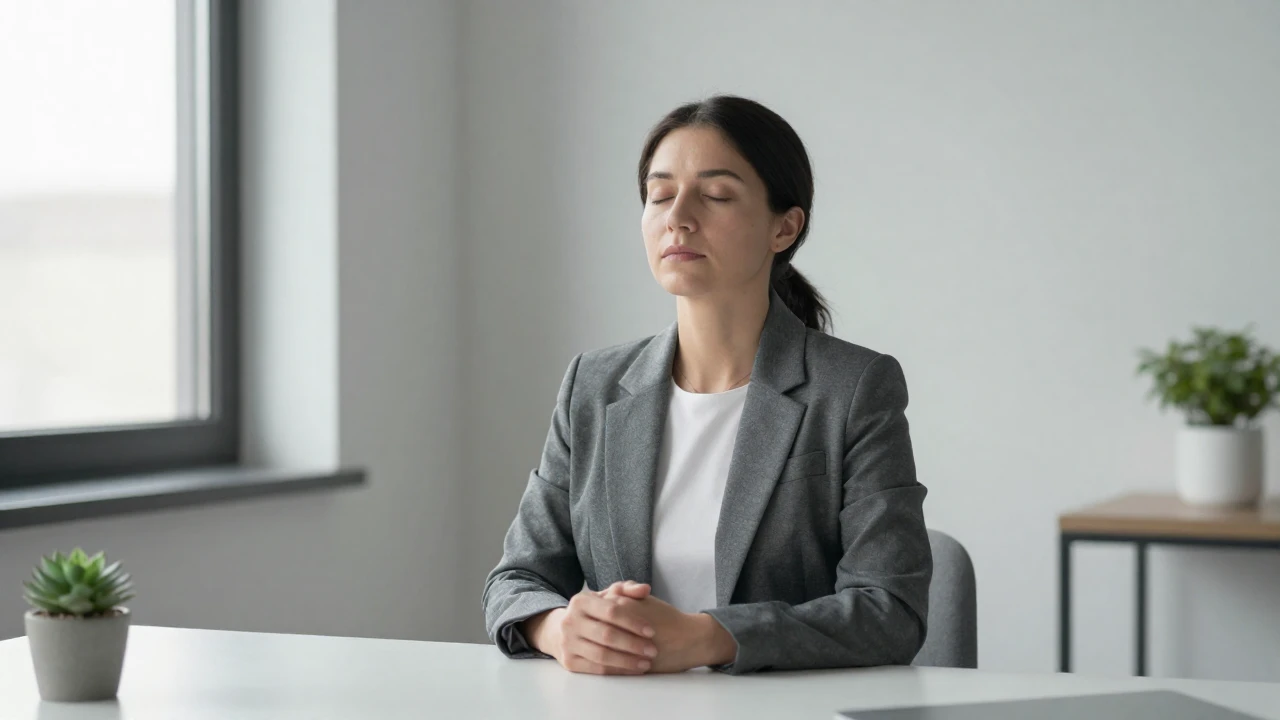 Mujer en oficina practica respiración profunda con expresión serena y relajada.