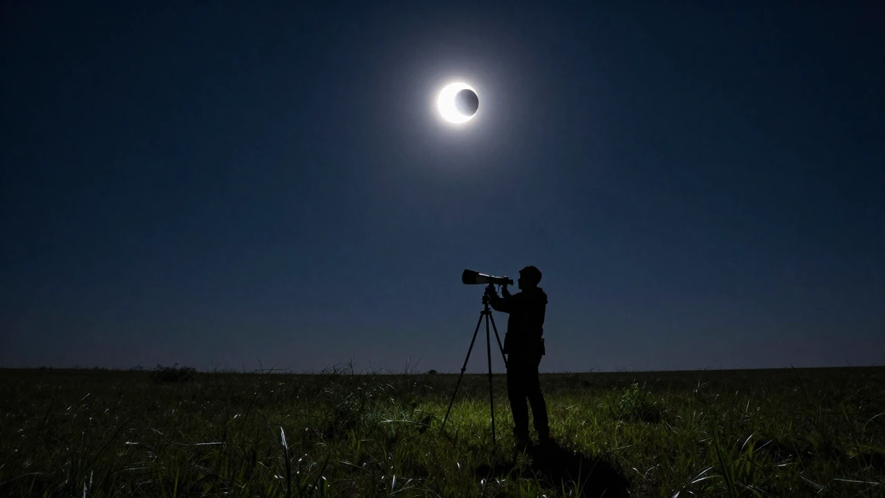 Un astrónomo observa un eclipse solar parcial con un telescopio en un campo.
