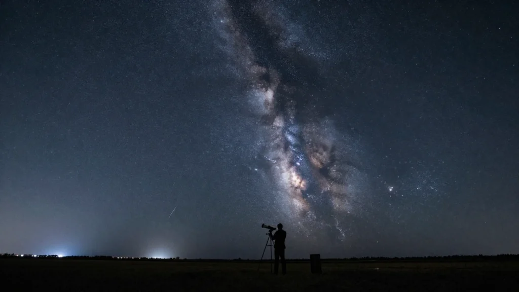 Astrónomo observando el cielo estrellado y la Vía Láctea con un telescopio.