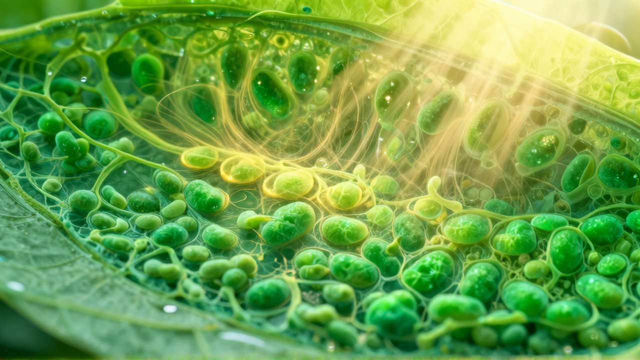Cloroplastos de color verde esmeralda dentro de una célula vegetal iluminados por rayos de luz dorada.