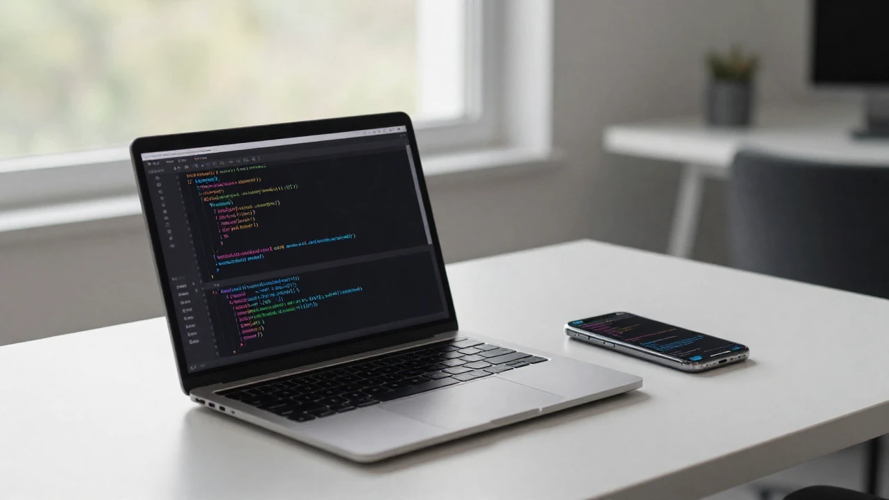 Un escritorio moderno con un portátil y un teléfono móvil mostrando código de programación React.