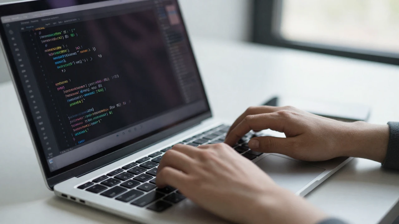 Manos tecleando código HTML en un portátil con pantalla oscura.