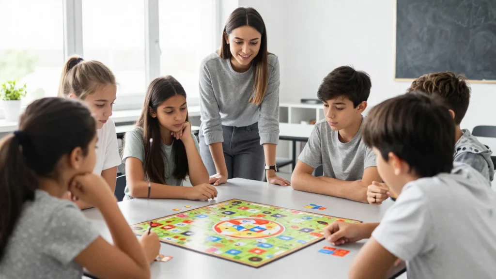 Estudiantes de secundaria colaboran en un juego de mesa en un aula iluminada.