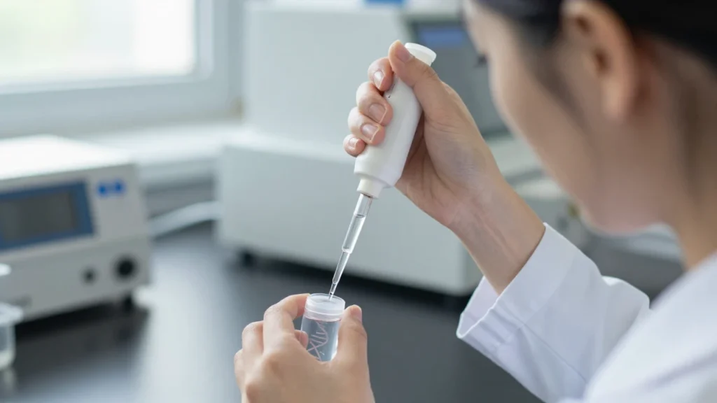 Una científica pipetea un líquido transparente en una placa de laboratorio para análisis de ADN.