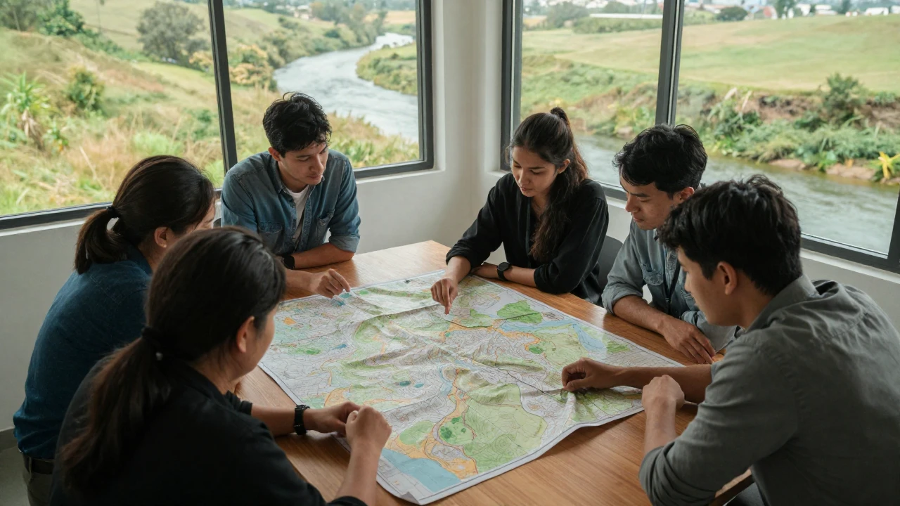 Grupo de personas analiza un mapa topográfico junto a un paisaje rural soleado.
