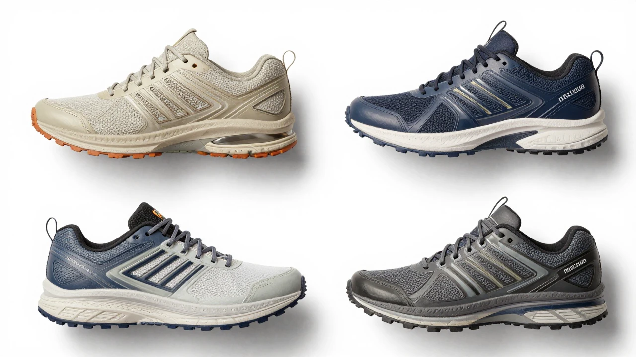Cuatro zapatillas de running diferentes – neutra, estabilidad, control de movimiento y trail – vistas desde arriba.