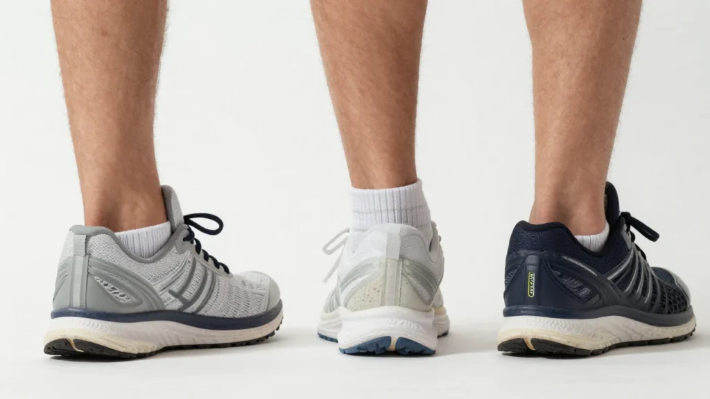 Un primer plano muestra pies con zapatillas deportivas