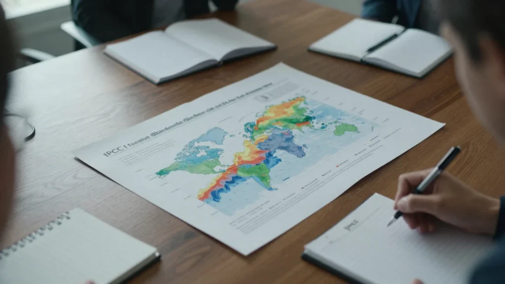 Gráficos científicos sobre el calentamiento global cubren una mesa de conferencias con apuntes.