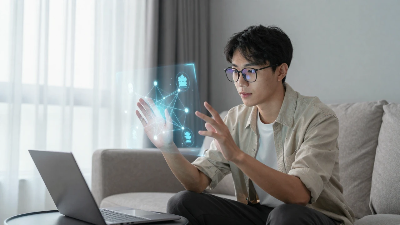 Joven interactúa con una proyección holográfica en un salón moderno con gafas inteligentes.