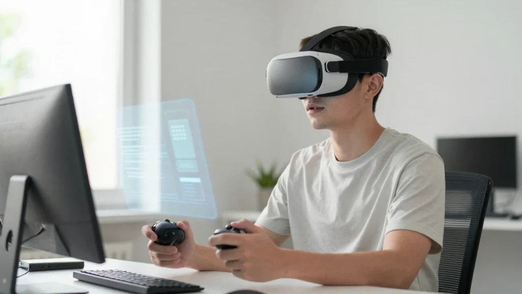 Joven usa gafas de realidad virtual en un escritorio moderno e iluminado.
