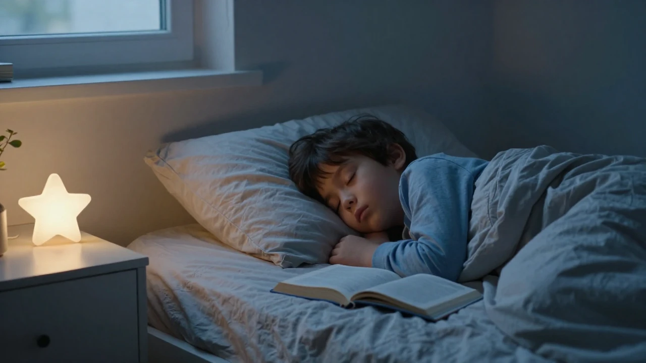 Un niño duerme plácidamente en su cama, iluminado por una luz nocturna en forma de estrella.