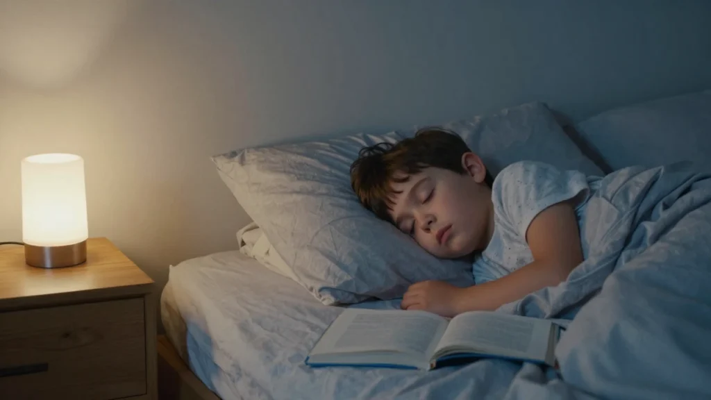 Un niño duerme plácidamente en su cama con un cuento abierto a su lado.