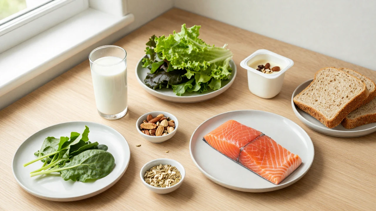 Alimentos saludables ricos en calcio, como leche, salmón y verduras, sobre una encimera de madera.