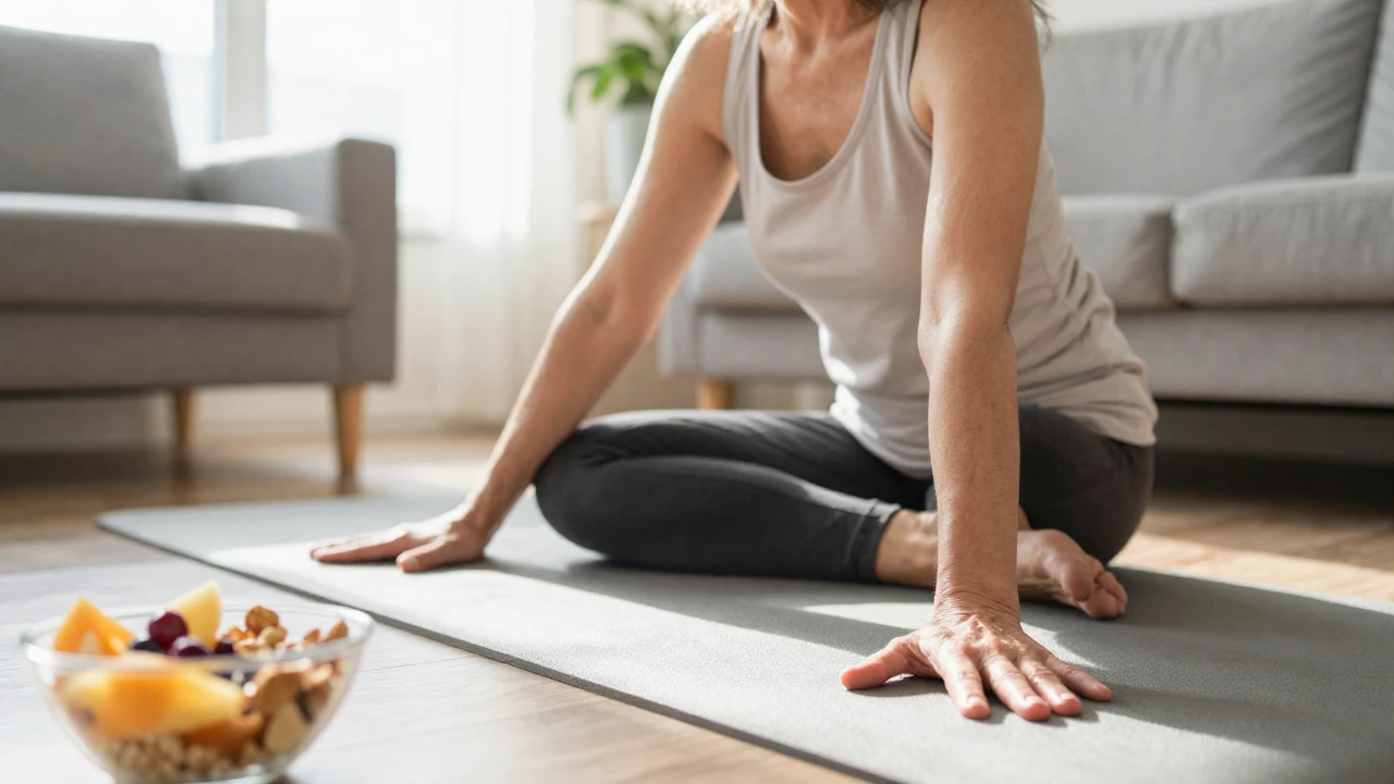 Una mujer mayor practica yoga en un luminoso salón con un desayuno saludable cerca.