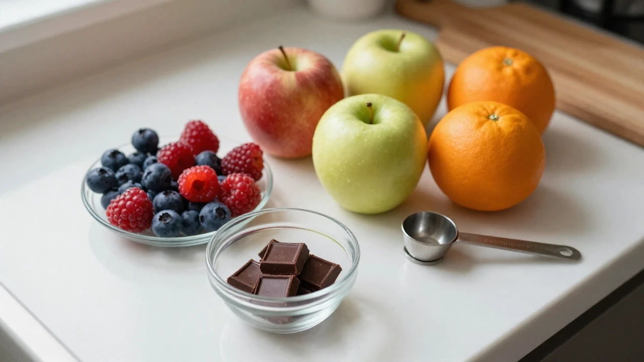Frutas frescas y chocolate negro sobre una encimera de madera clara.