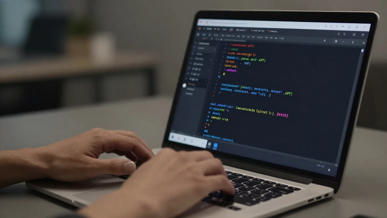 Manos tecleando código en un portátil con ventanas de datos JSON abiertas.