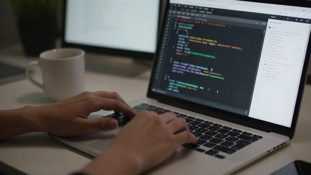 Manos escriben código en un portátil con documentación y datos visibles.
