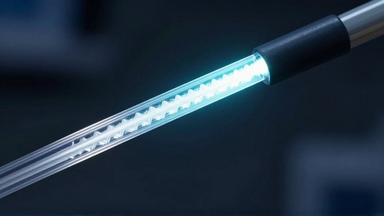 Un haz de luz brillante recorre el interior de un cable de fibra óptica curvado.