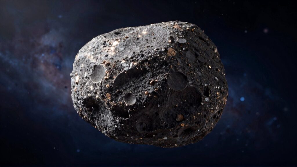 Primer plano de un asteroide irregular con textura de granos metálicos y silicatos sobre un fondo cósmico.