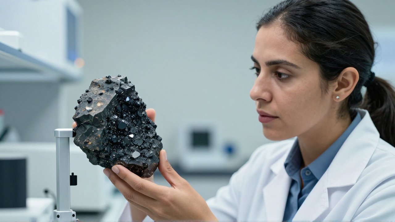 Una mujer investigadora examina con atención un fragmento mineral oscuro dentro de un recipiente de contención en un laboratorio.