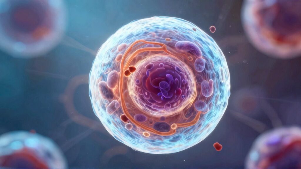 Visualización científica de una célula con núcleo y orgánulos brillantes en un entorno biológico fluido.