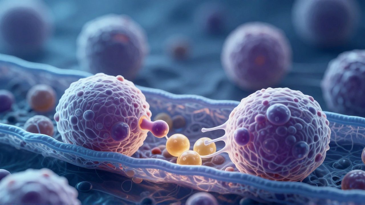 Células microscópicas de tonos azules y púrpuras interactúan en un espacio fluido con una célula dividiéndose al fondo.