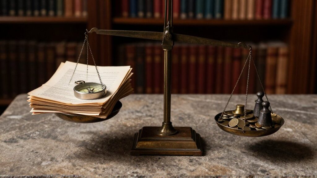 Una balanza desgastada sobre un escritorio de piedra equilibra documentos antiguos con monedas y pesas metálicas.