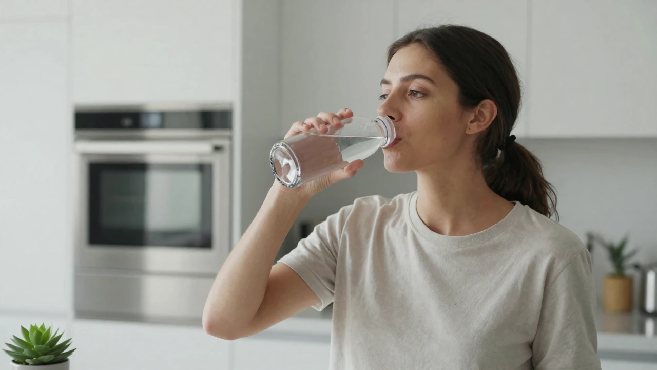 Una mujer bebe agua de una botella de vidrio en una cocina luminosa.