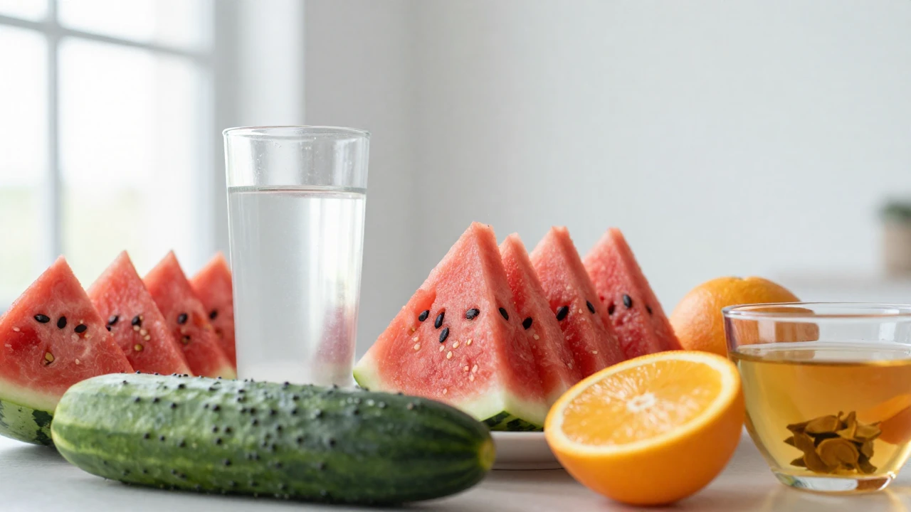 Frutas, agua de coco y té de hierbas sobre fondo blanco, promoviendo la hidratación.