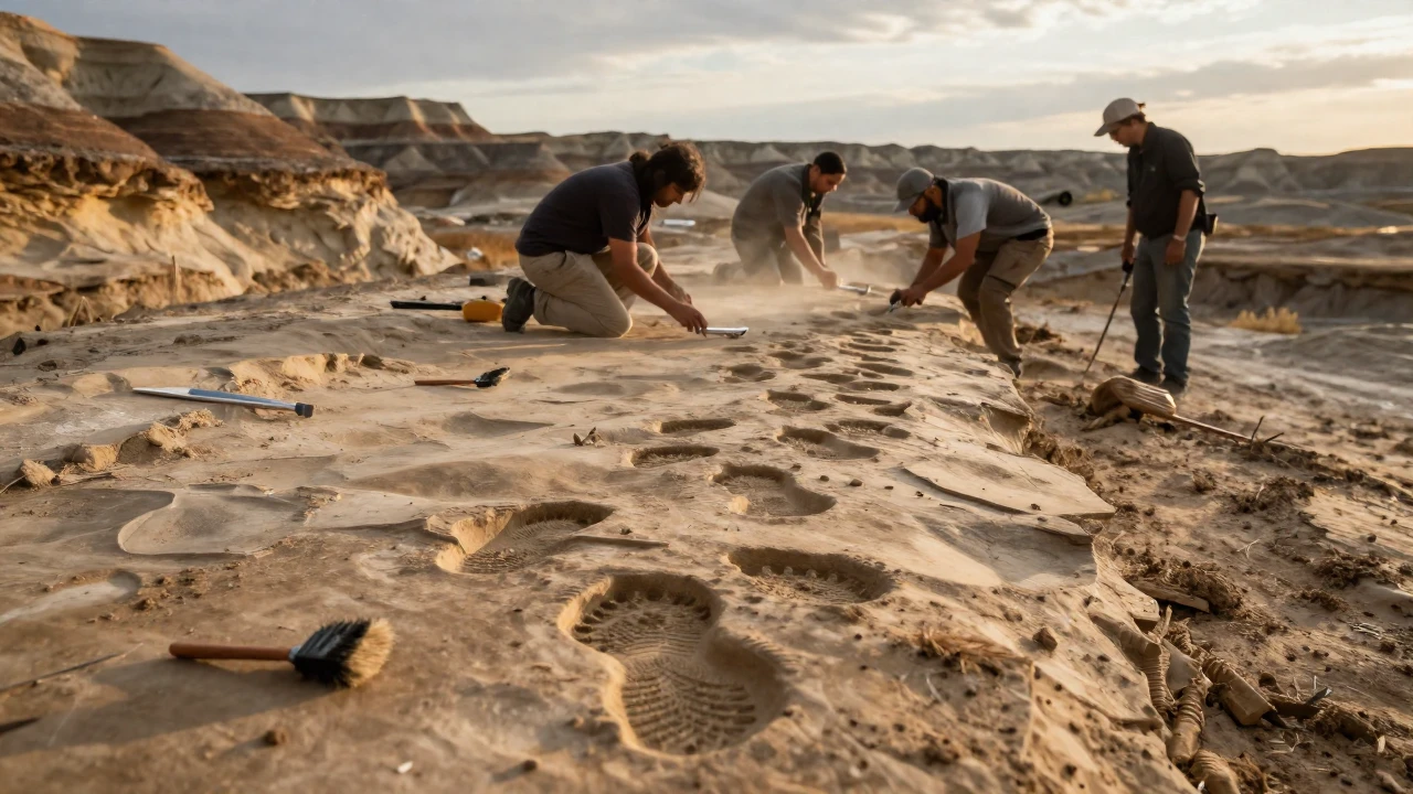 Paleontólogos excavan huellas de dinosaurios excepcionalmente conservadas en roca sedimentaria.