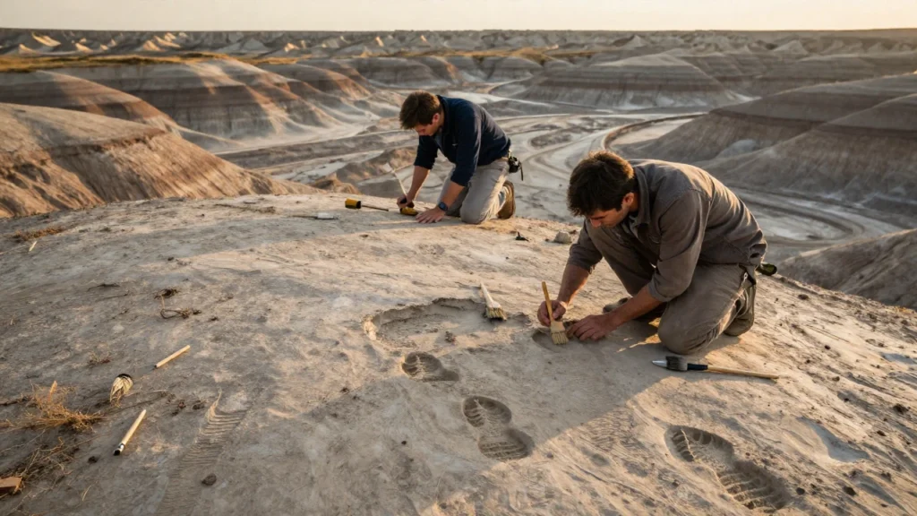 Paleontólogos excavan huellas fosilizadas de dinosaurio en un paisaje sedimentario.