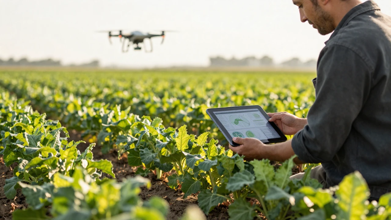 Un agricultor revisa datos en una tableta mientras inspecciona un campo de cultivos saludables.
