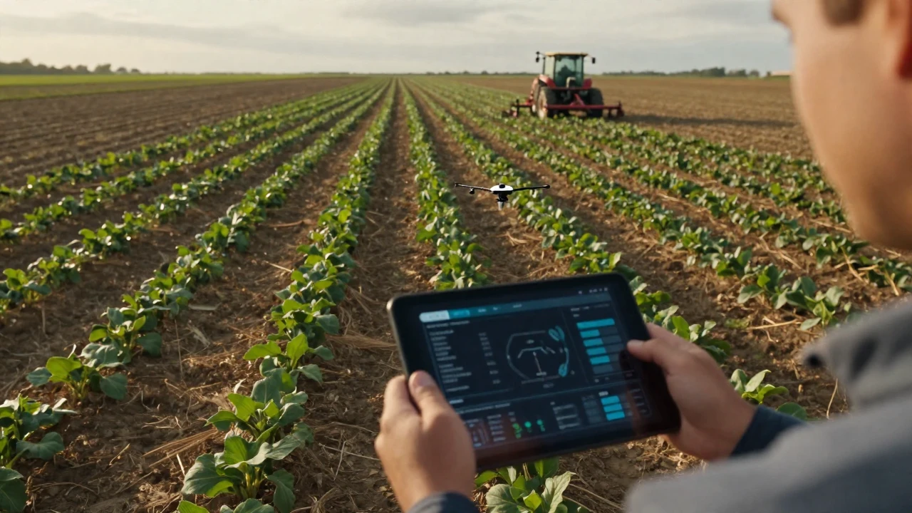 Un agricultor observa datos en una tableta sobre un campo de cultivos monitoreado por un dron.