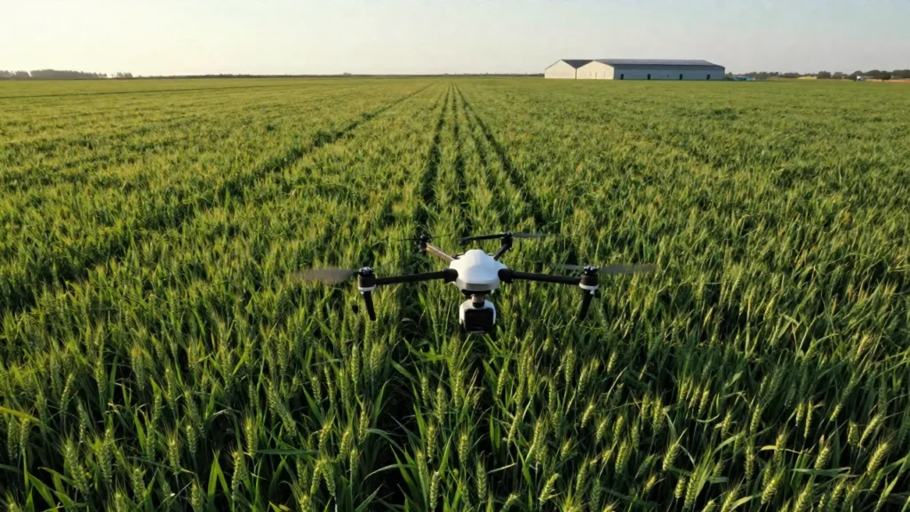 Un dron agrícola inspecciona un campo de trigo maduro bajo la luz dorada del atardecer.