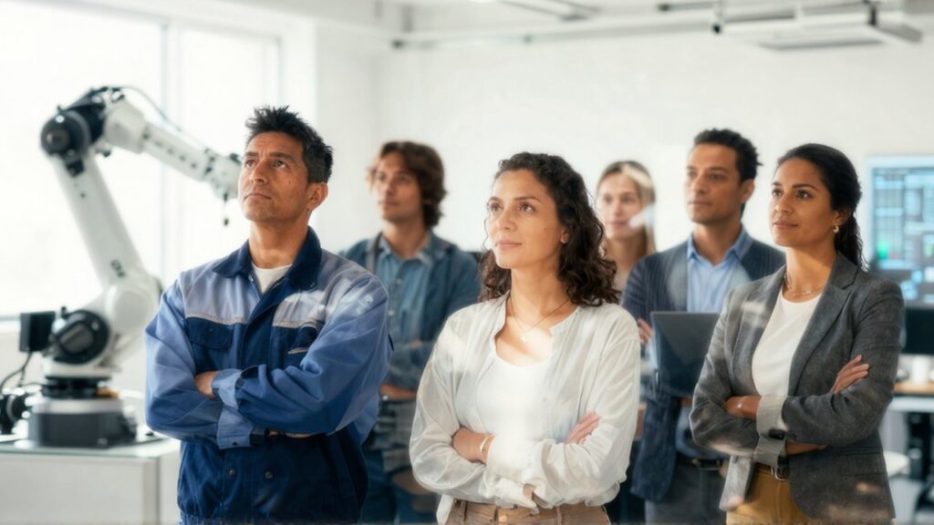 Grupo de profesionales latinos de diversas áreas posan en un espacio de trabajo industrial moderno.