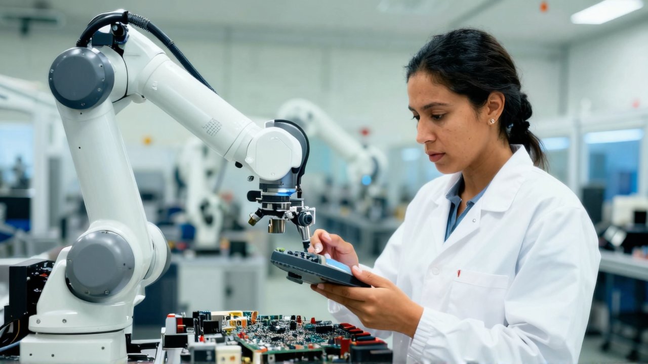 Una técnica latina inspecciona una placa de circuito con una herramienta digital junto a un brazo robótico.