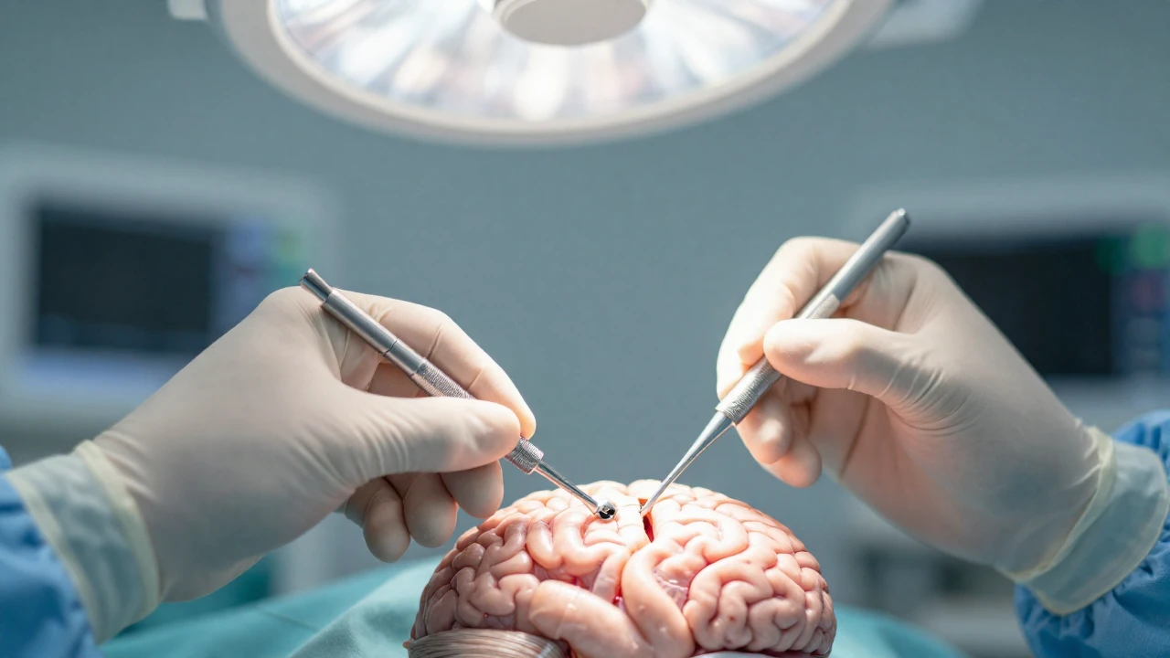 Manos de un neurocirujano operando un implante cerebral en un quirófano esterilizado.