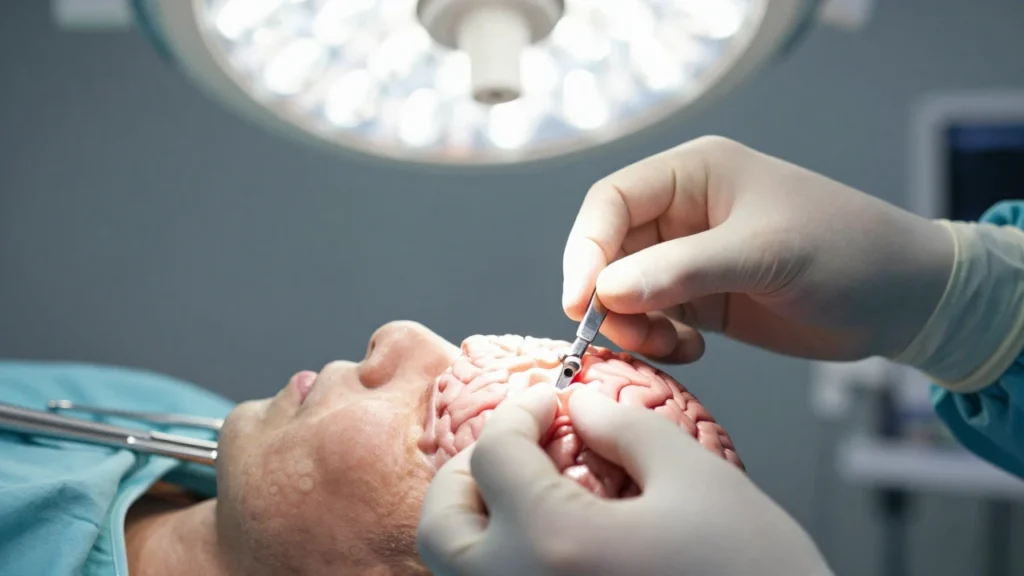 Manos de un neurocirujano implantando un dispositivo en el cerebro durante una cirugía.