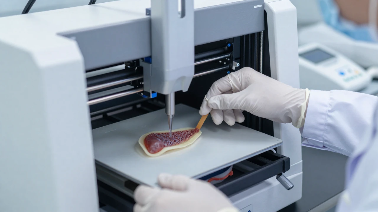 Científico imprimiendo un pequeño modelo de hígado humano con una bioimpresora en un laboratorio.