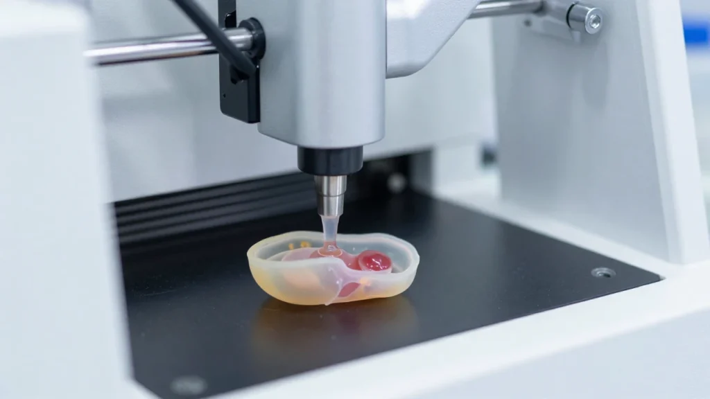 Impresora 3D biológica creando un modelo de órgano en un laboratorio estéril.