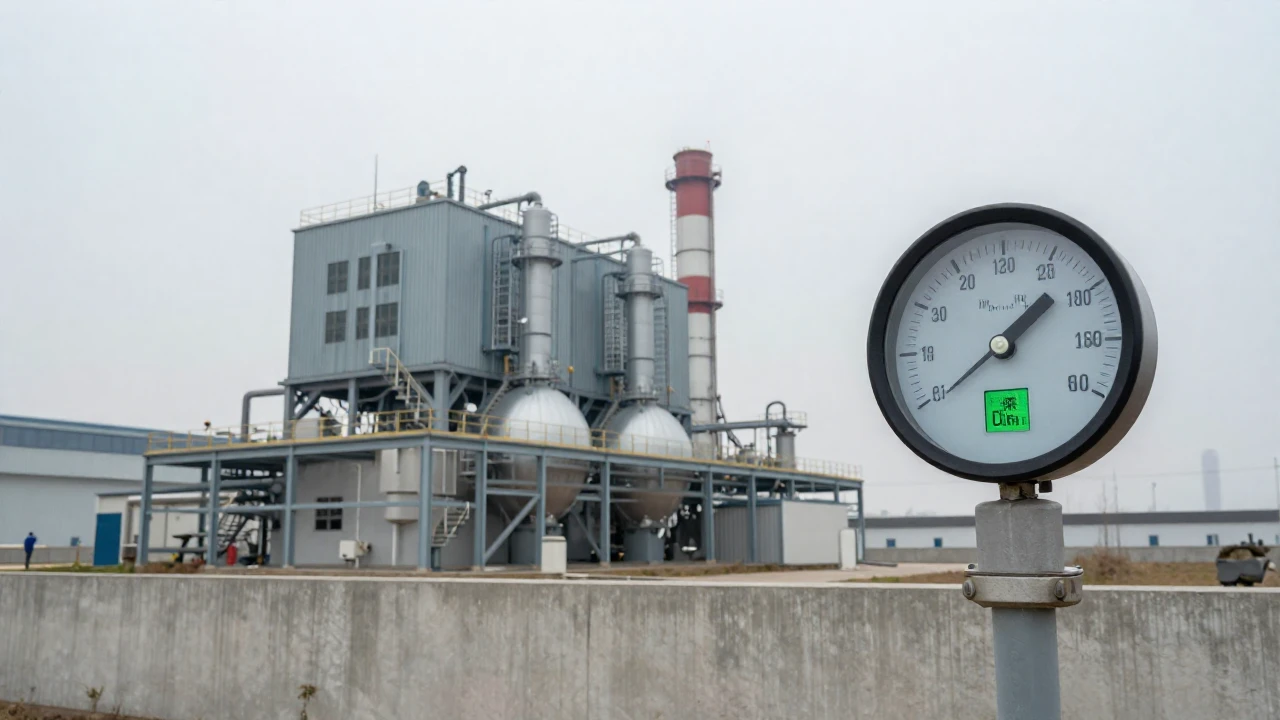 Planta de control de emisiones industriales con un indicador de impuesto al carbono.