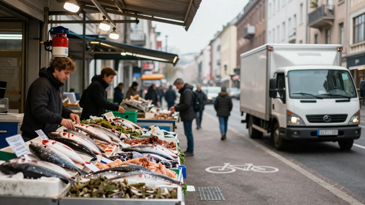 Un puesto de pescado fresco en una calle urbana con un camión de reparto cercano.