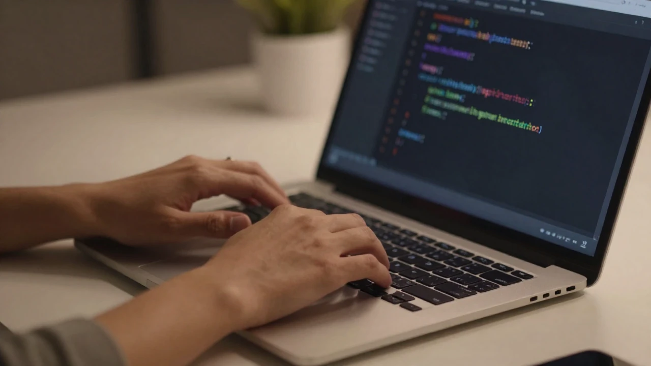 Manos tecleando código JavaScript en un portátil en una oficina con poca luz.