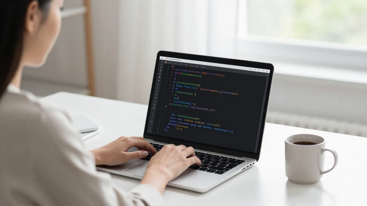 Una joven programadora escribe código JavaScript en su luminoso y minimalista escritorio.