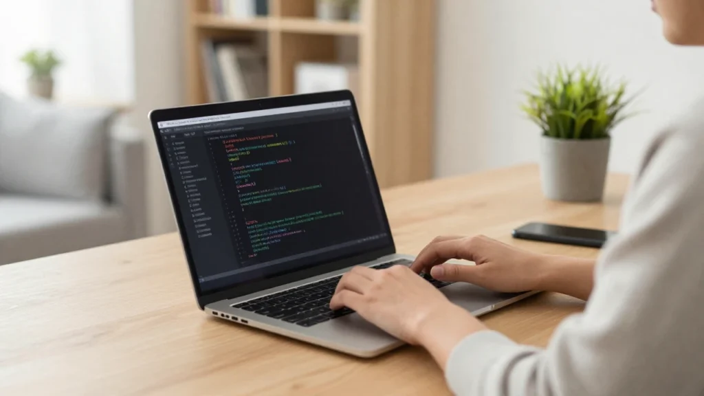 Una persona escribe código JavaScript en un portátil sobre un escritorio de madera claro.