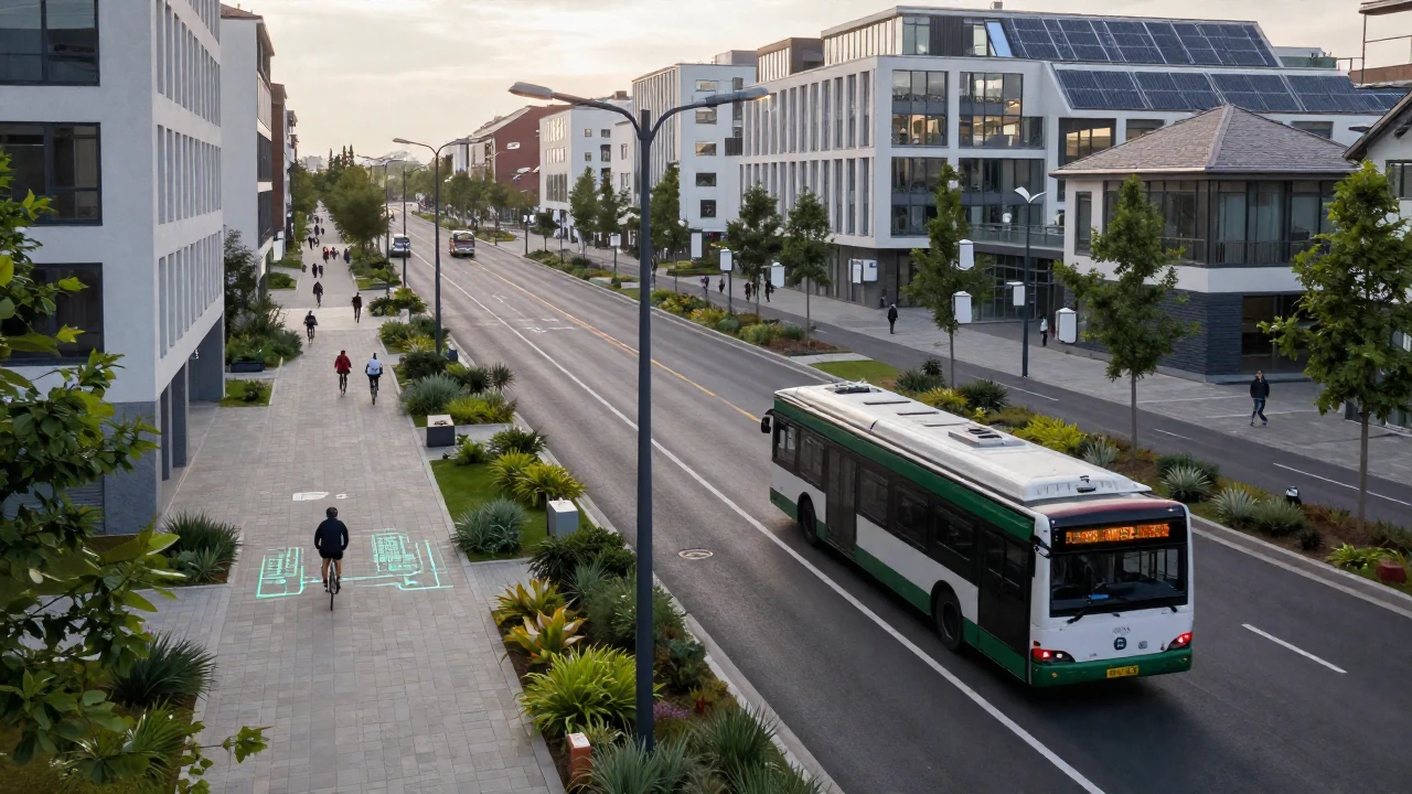 Una calle tranquila de ciudad europea, con autobuses eléctricos y carriles bici, al amanecer.