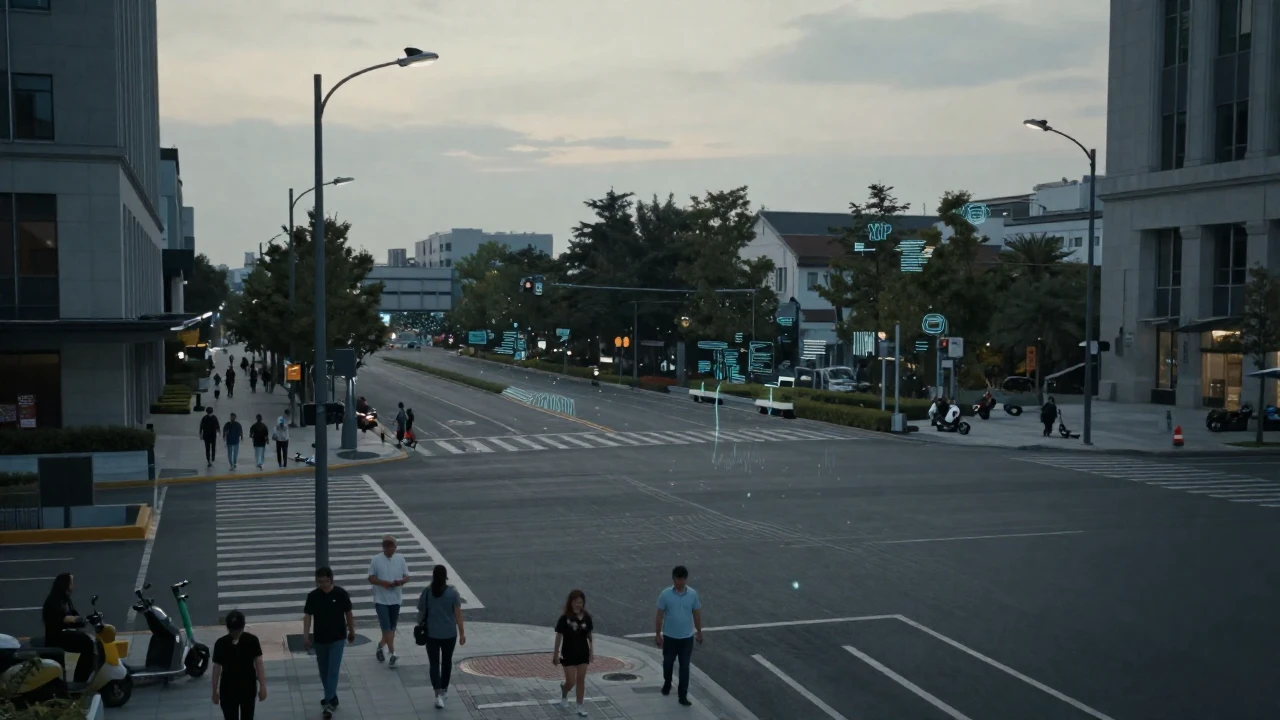 Intersección urbana moderna al anochecer con peatones, vehículos eléctricos y farolas inteligentes.